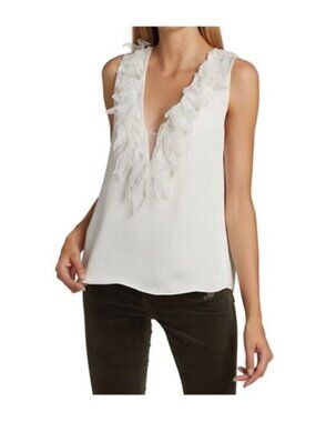 Ramy Brook White Sleeveless V-Neck Blouse with Leaf Appliqué Size S
